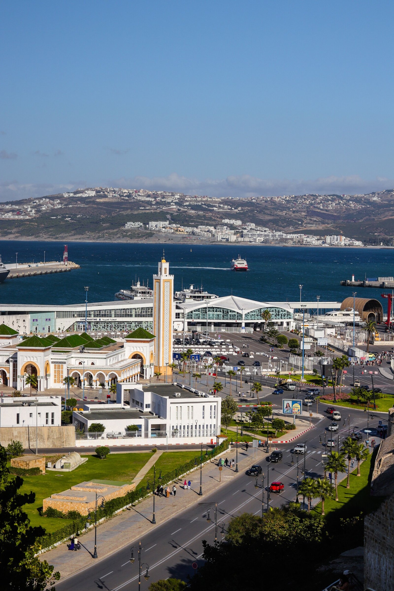A breathtaking aerial shot of Tangier's bustling port and stunning coastline