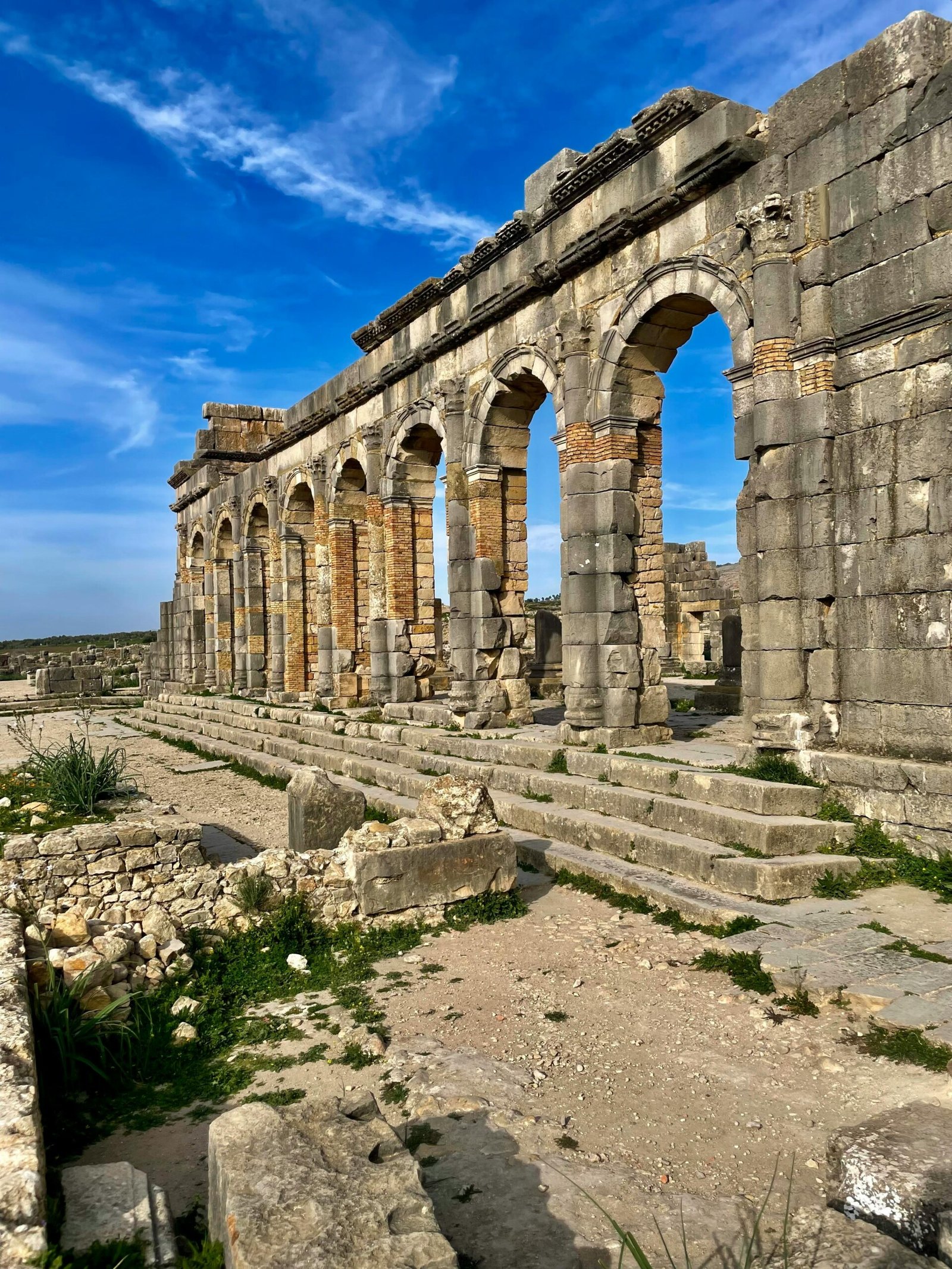 Roman columns and the triumphal arch at Volubilis near Meknes