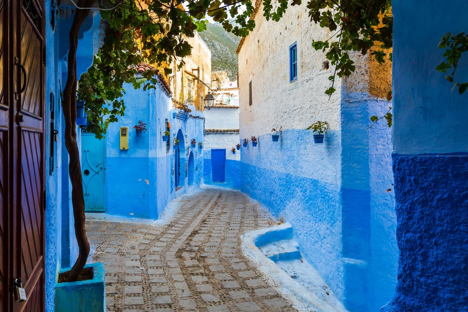 Blue-washed stairways and doors in the medina of Chefchaouen